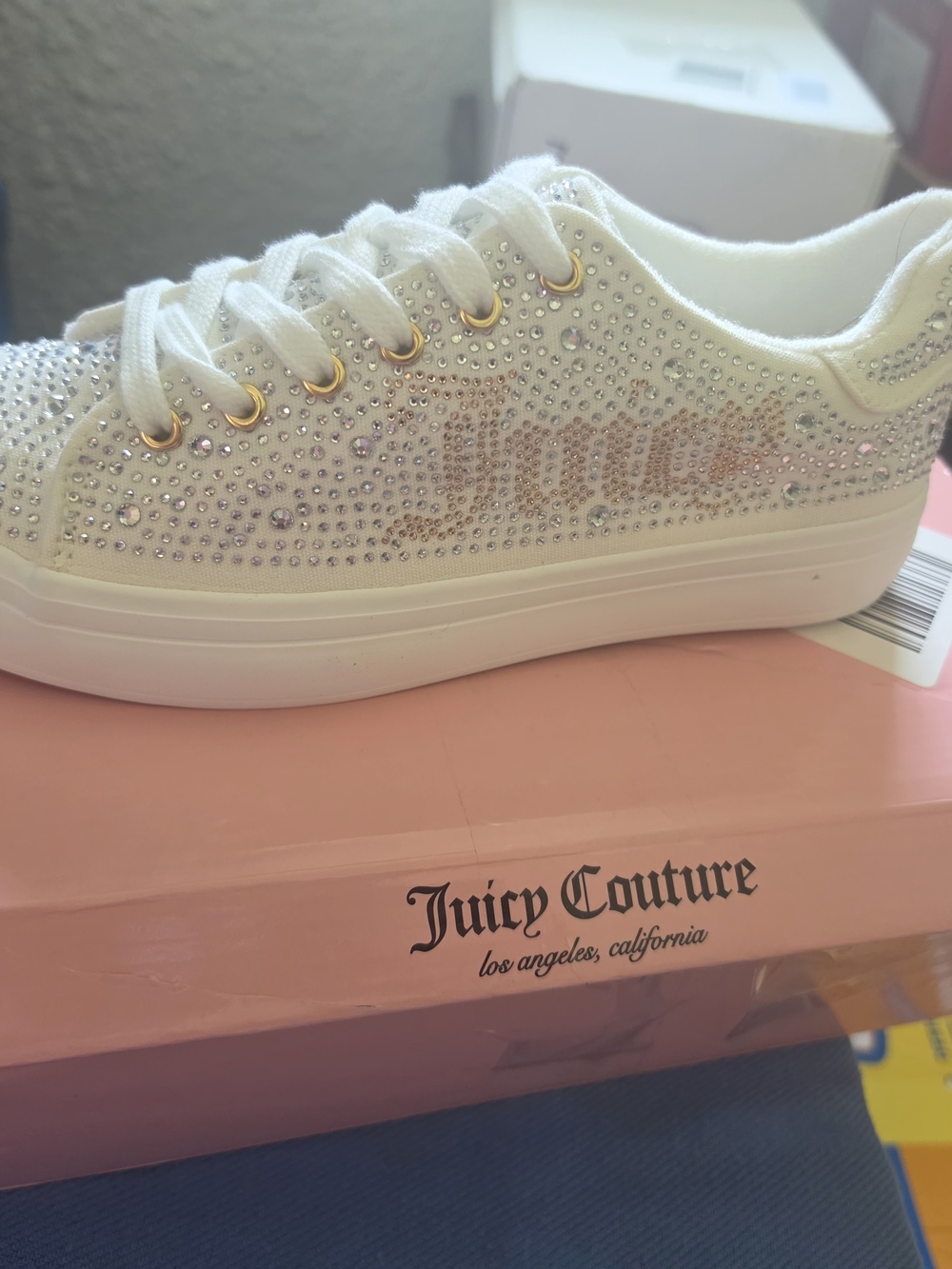 Juicy Couture White Rhinestone Crystal Embellished Lace-Up Sneakers (New with Bo - Picture 10 of 12